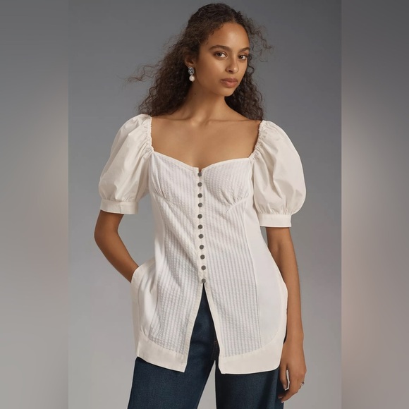 NWT! Anthropologie White Maeve Puff-Sleeve Sweetheart Top Size L 🍓 - Picture 2 of 8
